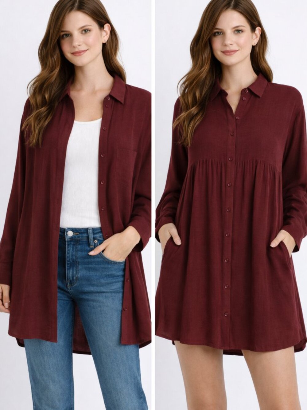 Free People Burgundy Tunic Dress Small Oversized Boho Button Front Rayon Pockets